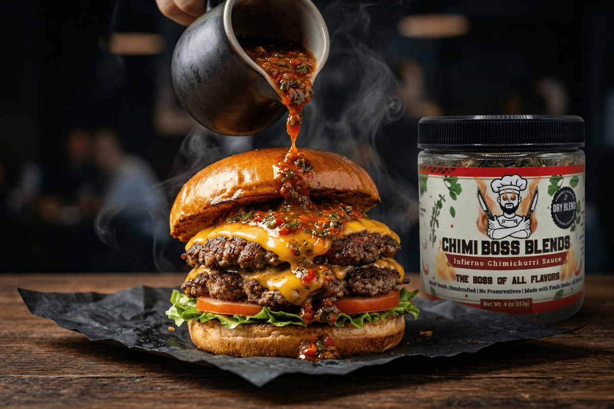 Infierno Chimichurri Smash Burger (Crispy, Fiery & Ready in 15 Minutes) - Chimi Boss Blends