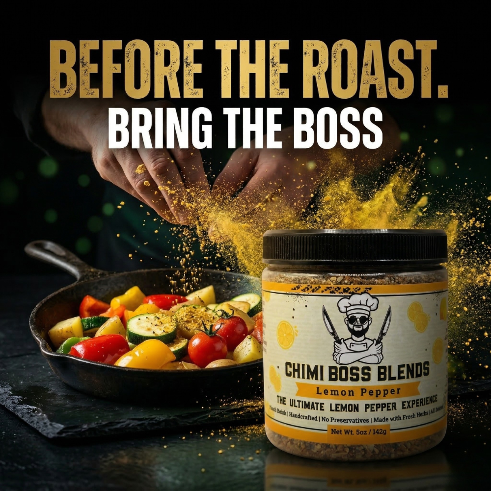 Chimi Boss Blends Lemon Pepper seasoning jar with a dramatic golden spice burst beside a rustic plate of colorful roasted vegetables, hands actively seasoning the dish, with bold gold and white text reading "Before the Roast, Bring the Boss"