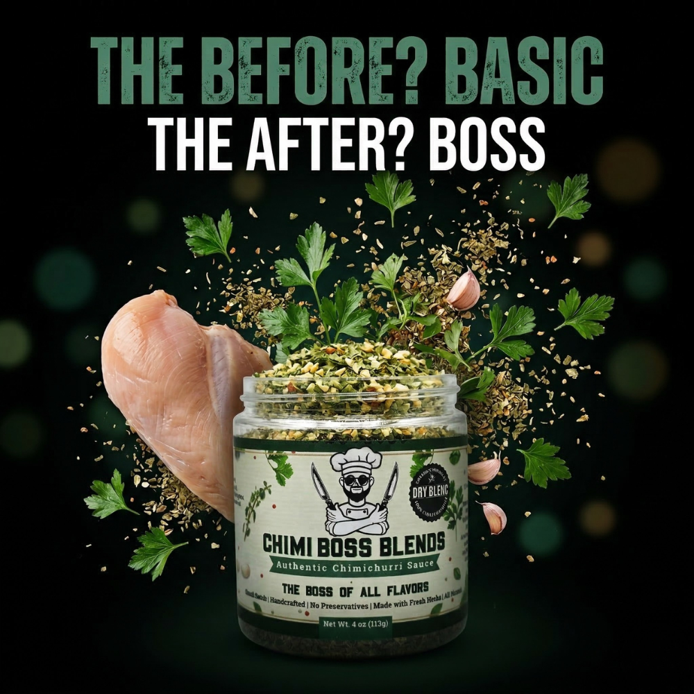 Chimi Boss Blends herb seasoning jar next to a raw chicken breast with green herb explosion, bold text reads "The Before? Basic, The After? Boss"