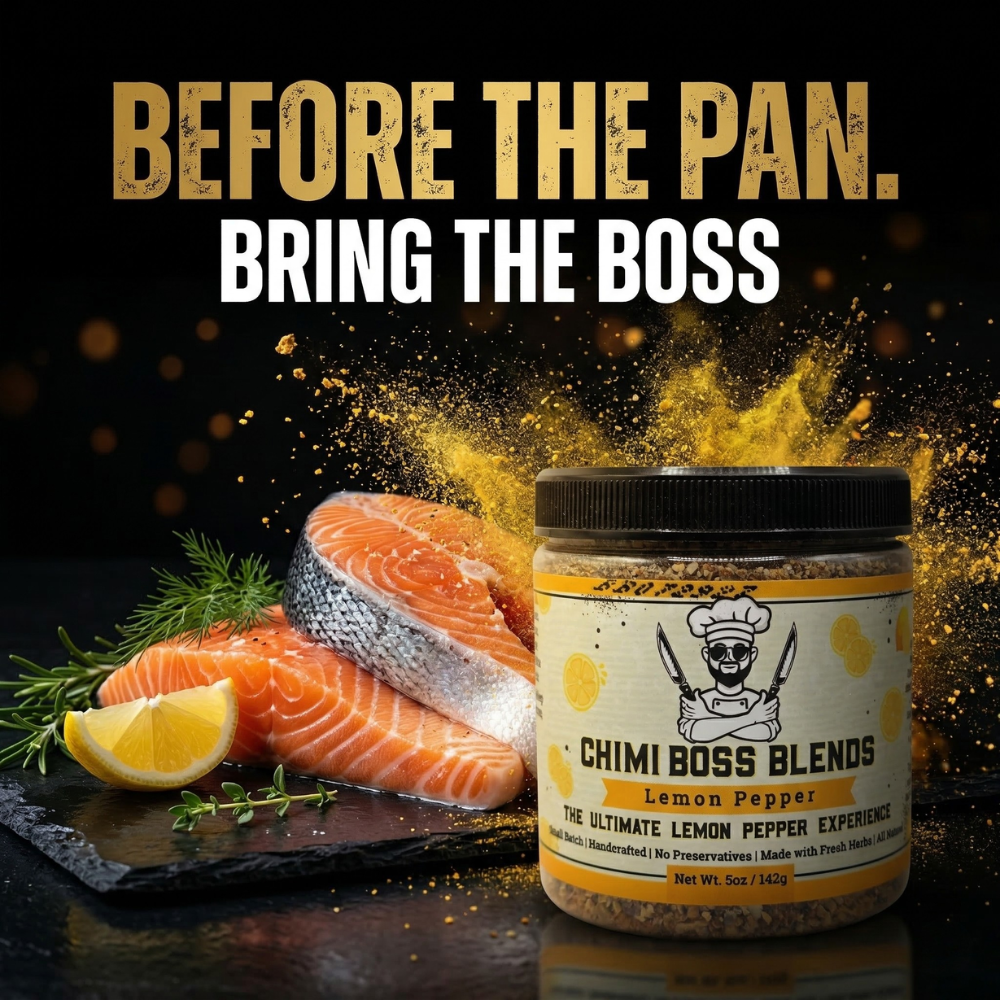 Chimi Boss Blends Lemon Pepper seasoning jar surrounded by a burst of golden spices beside fresh salmon fillets, lemon wedges, and herbs on a dark background, with bold gold and white text reading "Before the Pan, Bring the Boss"