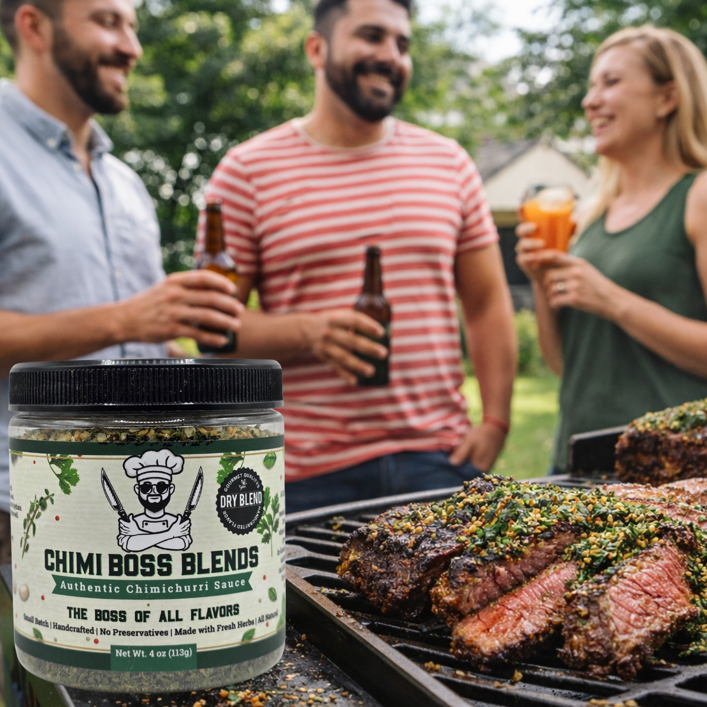 Chimi Boss Blends Original Chimichurri dry blend shown in outdoor BBQ with friends on medium rare ribeye steak