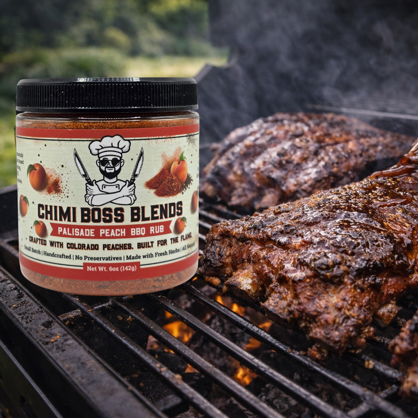 Chimi Boss Blends Palisade Peach BBQ rub with some nice juice finished ribs on the grill