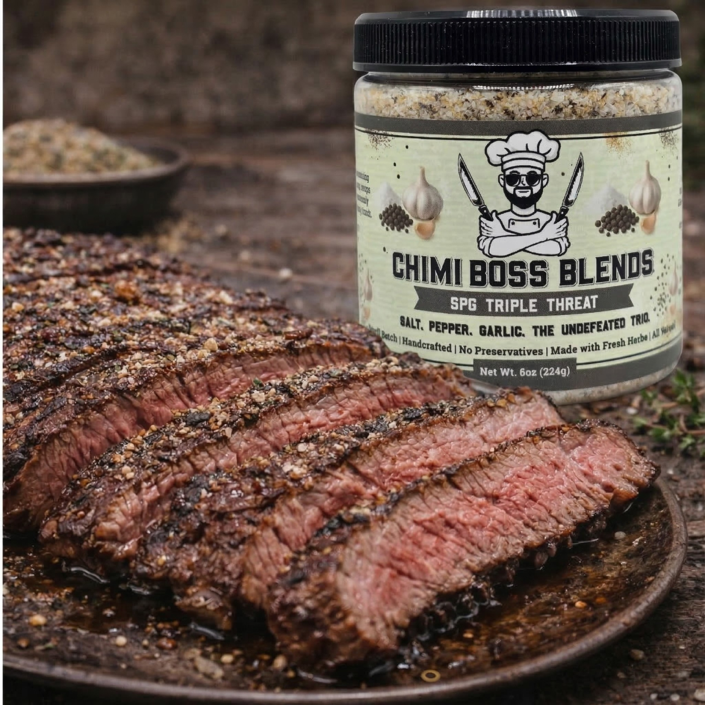 Ribeye steak seasoned with Chimi Boss Blends SPG triple threat salt, pepper, garlic