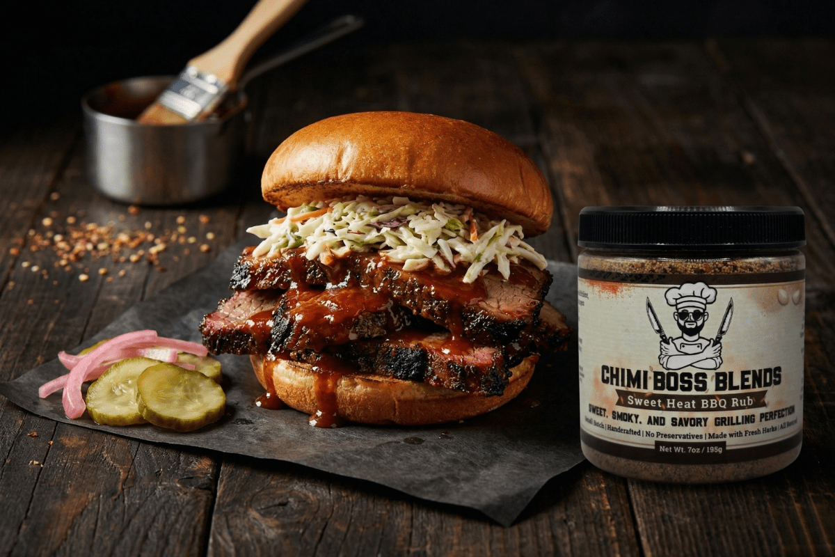 Sweet heat BBQ brisket sandwich on a brioche bun with coleslaw pickles and Chimi Boss Blends Sweet Heat BBQ Rub jar