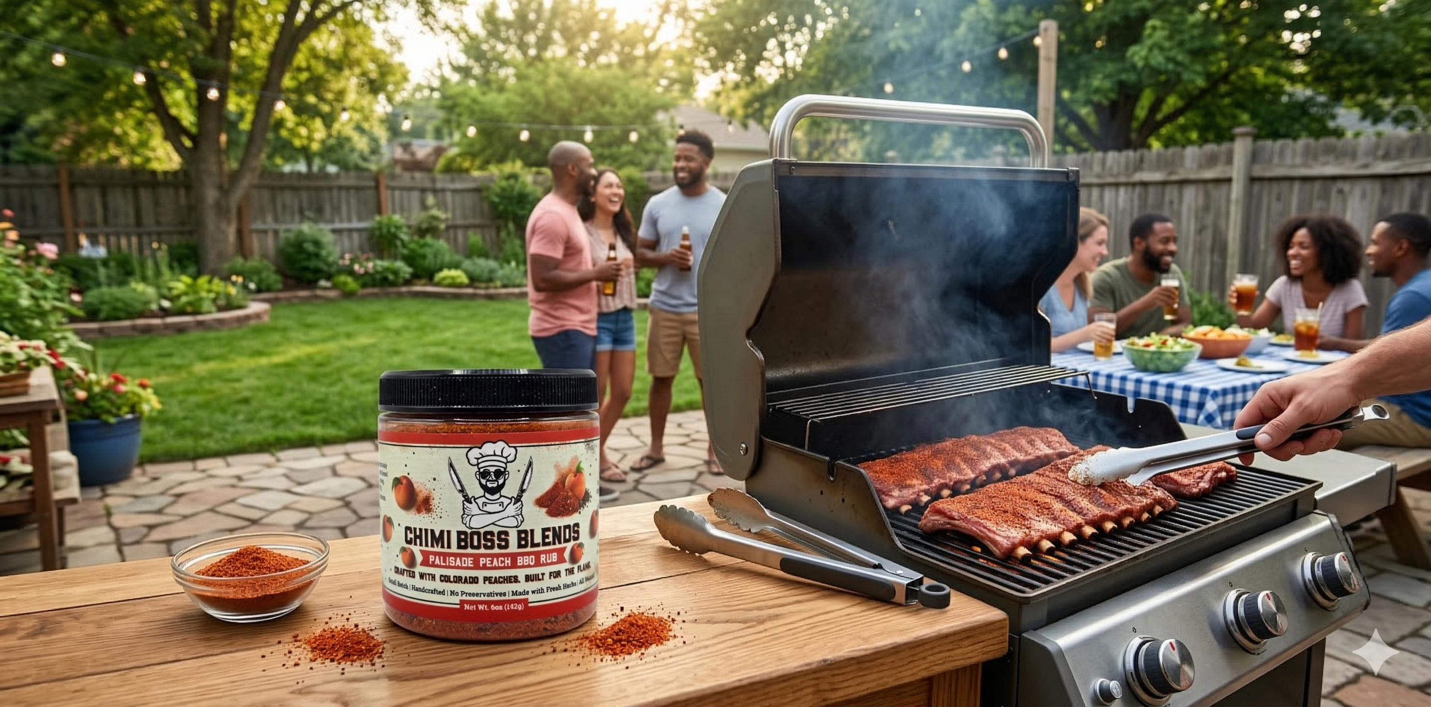 Chimi Boss Blends Palisade Peach BBQ Rub being used in a BBQ