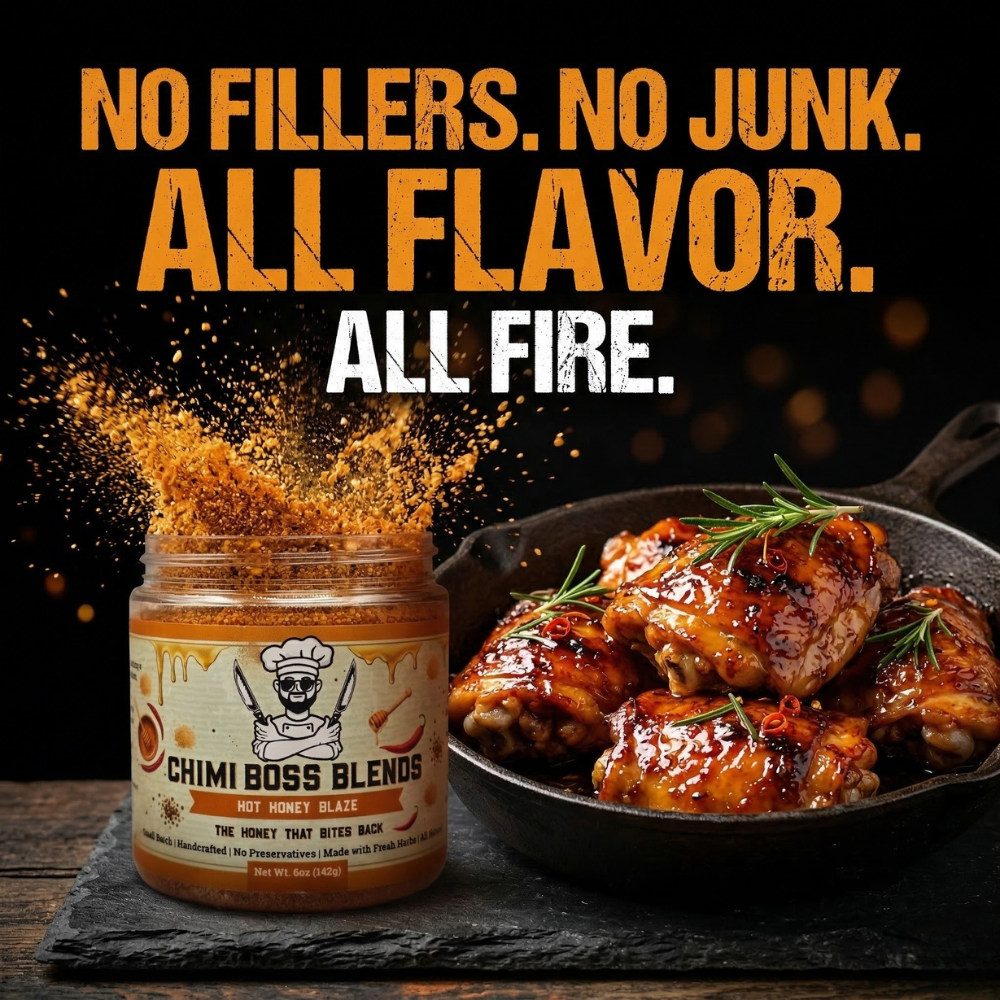Chimi Boss Blends Hot Honey Blaze jar with amber spice explosion beside glazed caramelized meat, bold text reads "No Fillers. No Junk. All Flavor. All Fire."