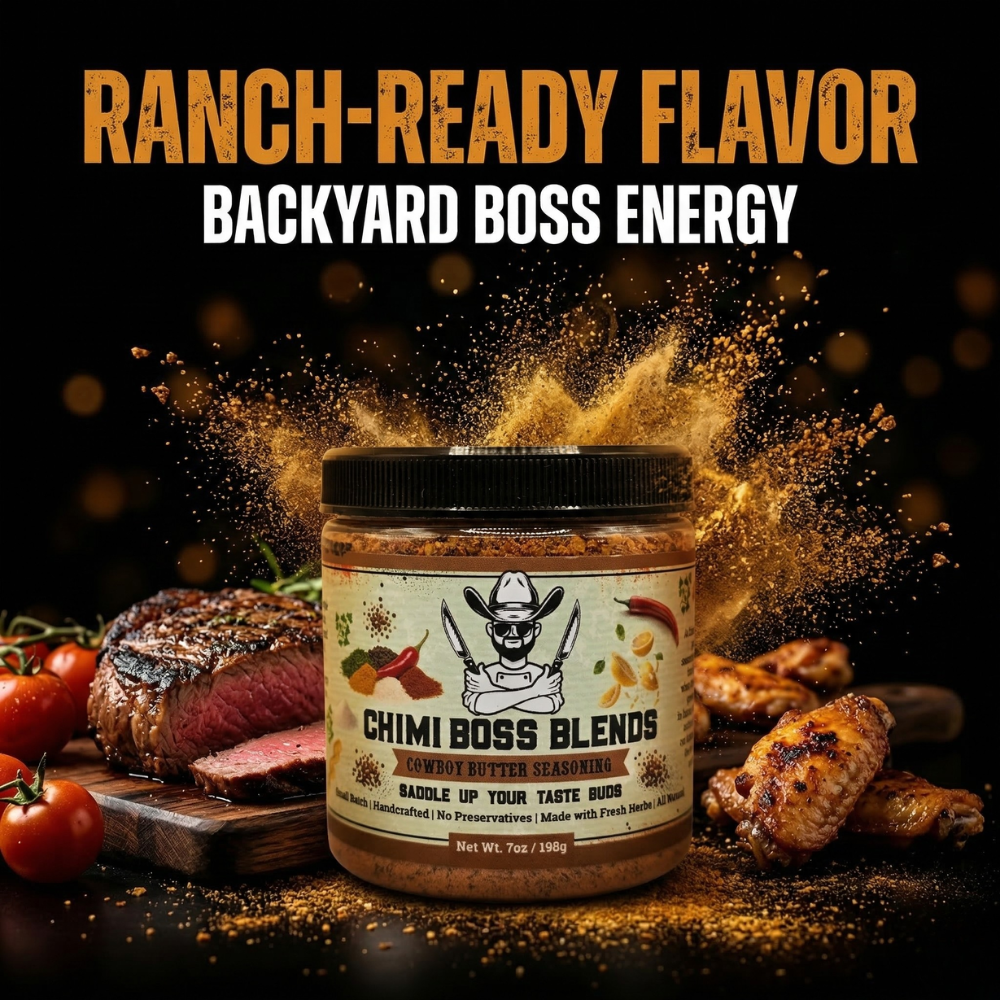 Chimi Boss Blends Cowboy Butter Seasoning jar with golden spice explosion beside a seared steak and cherry tomatoes, bold text reads "Ranch-Ready Flavor, Backyard Boss Energy"