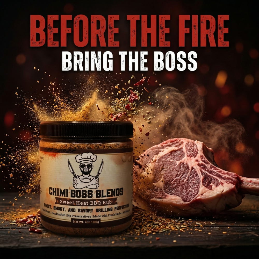 Chimi Boss Blends Sweet Heat BBQ Rub product photo — jar surrounded by an explosion of seasoning spices beside a thick ribeye steak on a dark background, with bold red and white text reading "Before the Fire, Bring the Boss"