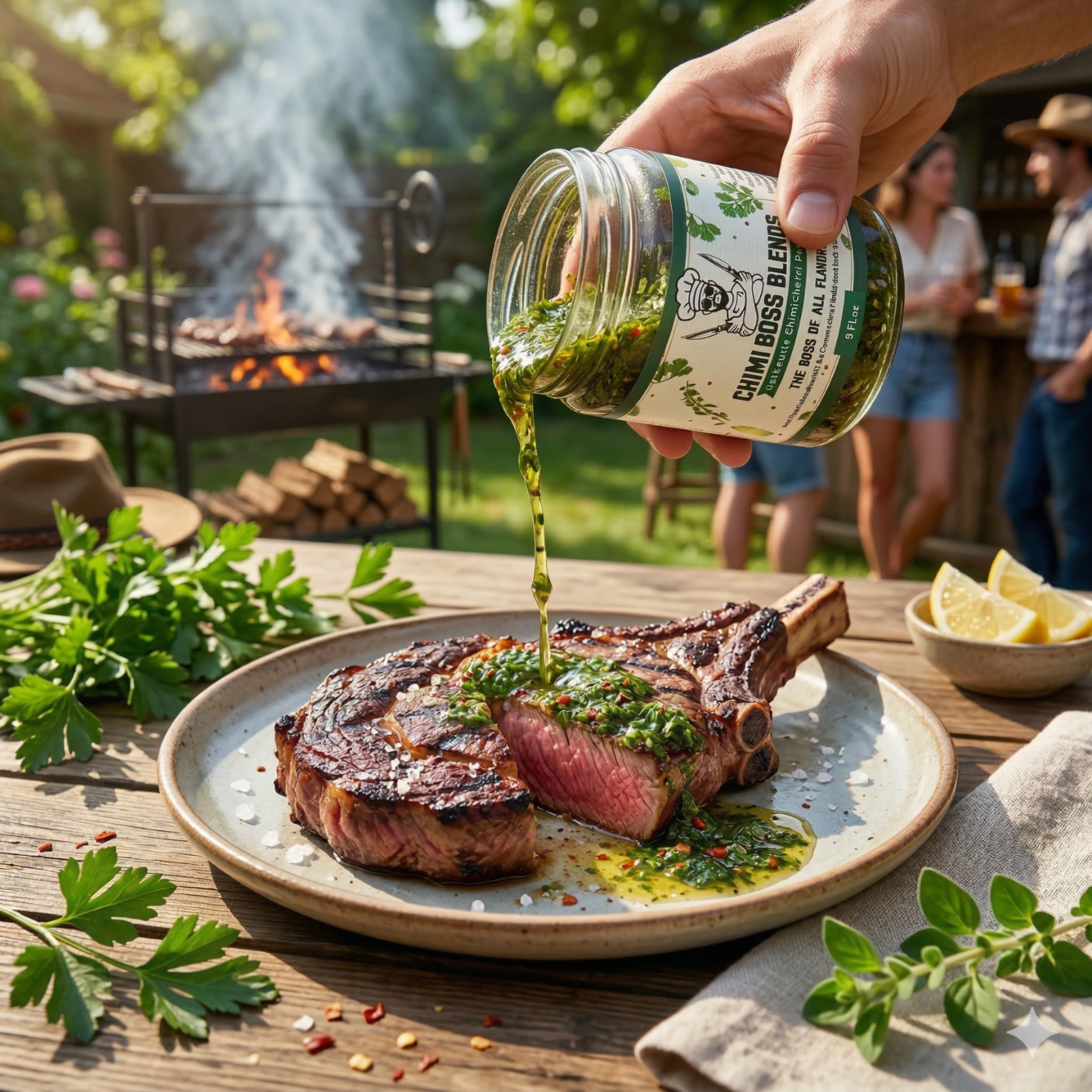 Chimi Boss Blends chimichurri sauce being poured over a grilled ribeye steak 