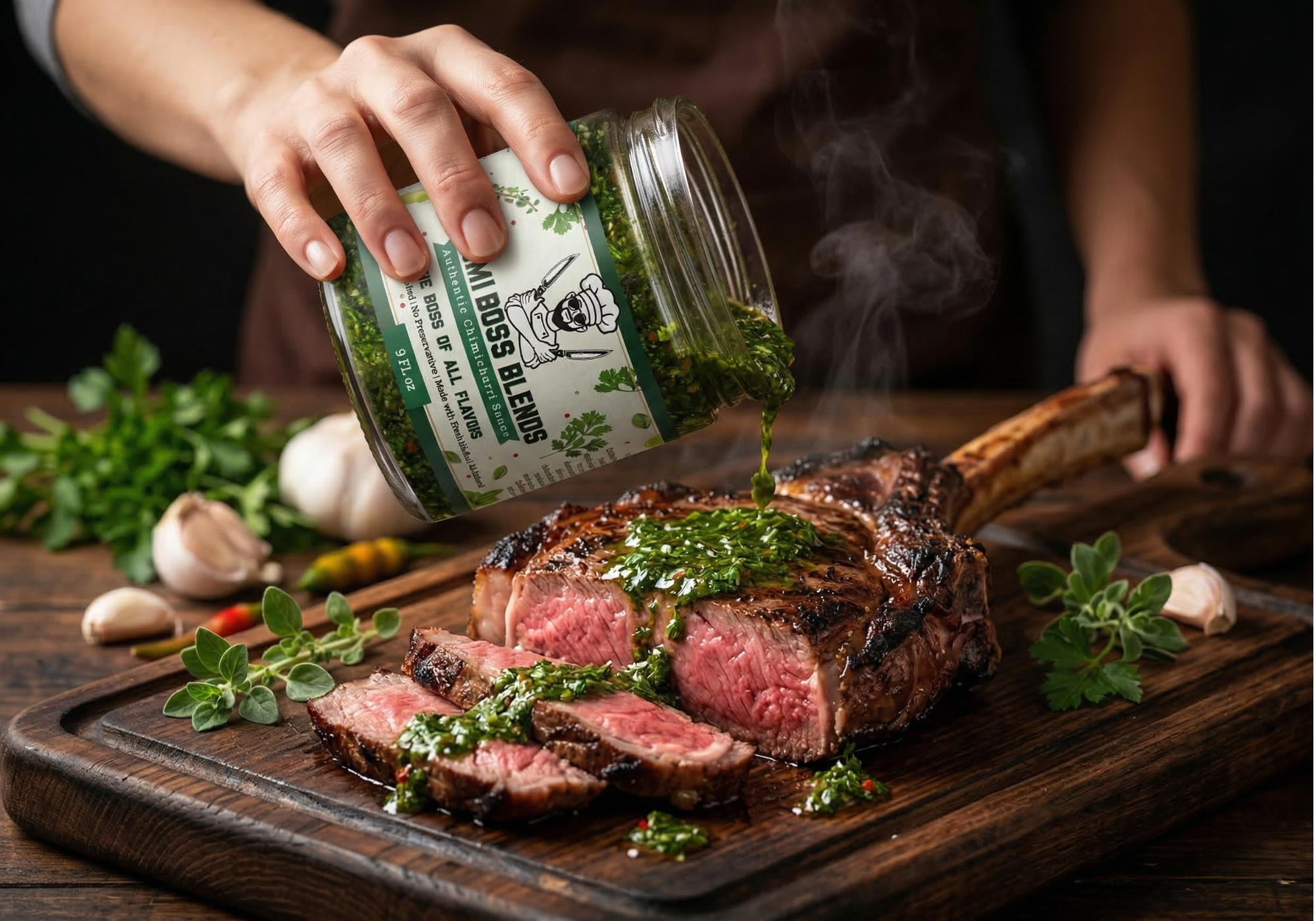 Woman pouring Chimi Boss Blends Authentic Chimichurri Sauce over a juicy medium rare tomahawk ribeye steak on a rustic wooden cutting board